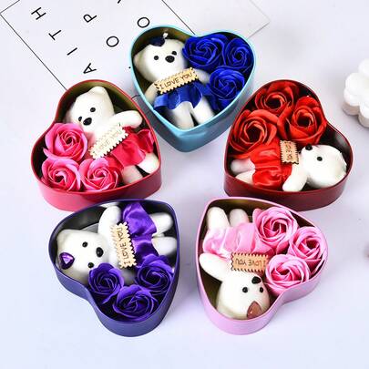 1 Box (3pcs Roses + 1pc Teddy Bear) Romantic Valentine's Day Heart-Shaped Rose Teddy Bear Gift Box - Mother's Day, Wedding, Anniversary, Romantic Valentine's Day Gift And Anniversary Gift