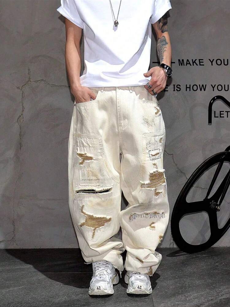 [¡Imperdible!​ ]Jeans de Sombra Veraniega, de Marca de Moda para VERANO. Estilo USA Retro, Lavado con Roturas, Tejido Liviano, Corte  Holgado - Un Look Fresco y con Actitud para los Días Cálidos - Caqui - Añade 8