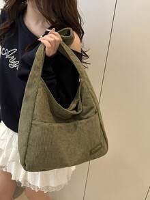 Nueva bolsa de hombro de pana de unicolor y versátil, bolso baguette minimalista casual, bolso cubo grande - Verde - Ver 12