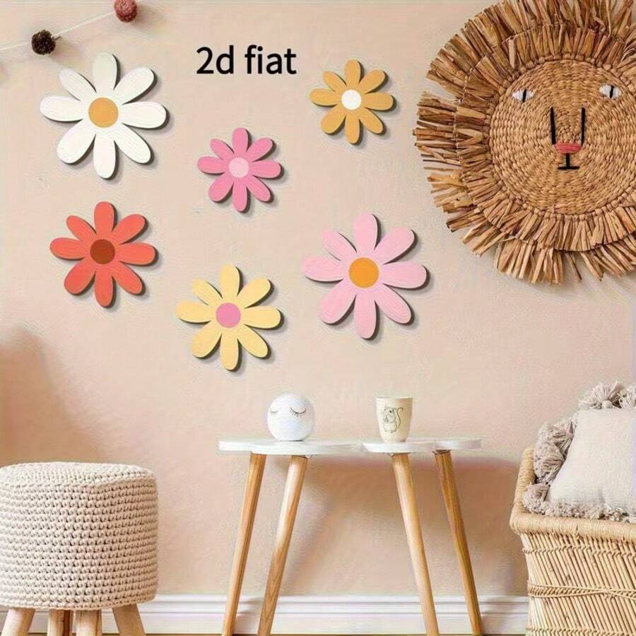 2D平面 - 6件套波西米亚雏菊墙饰套装，波西米亚风格儿童房装饰，女孩自然主题墙饰，木质花卉挂件，适合家居和办公室 - 彩色 - 查看 1