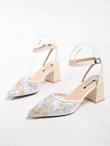 Tacones altos de punta fina con elegante bordado floral de malla, tacón grueso - Azul - Ver 4