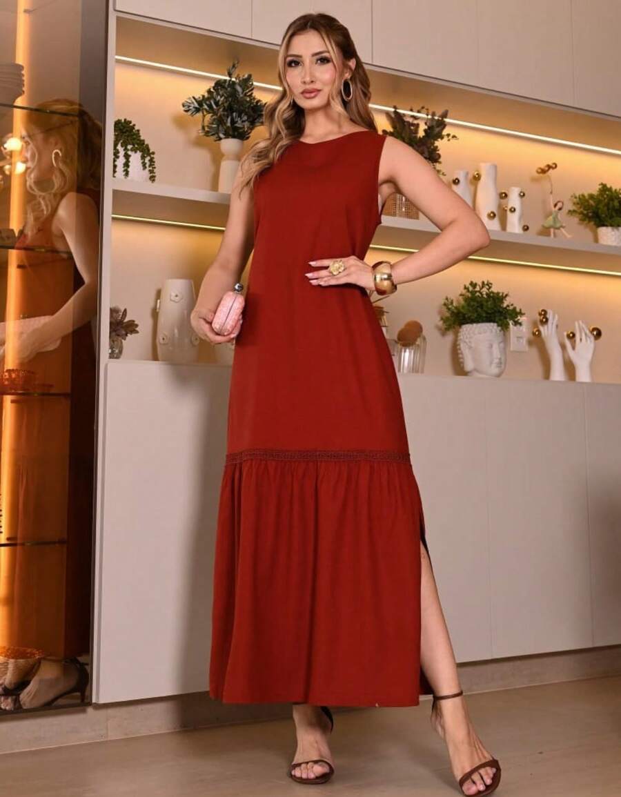 Women's Long Dress With Lace Cutout On The Side - 紅陶 - 查看 1