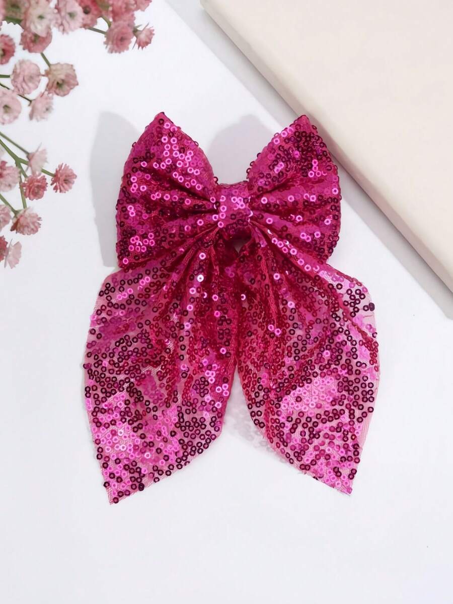 1pc/Pack Fuchsia Mesh Sequin Bow Hair Clip