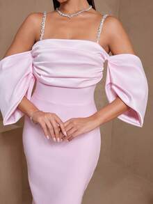 Women's Pink Fitted Maxi Dress, Cold-Shoulder Sleeves, Draped Design, Embellished With Rhinestone Straps, Knit Medium Stretch Fabric, Suitable For Party Wear Wedding Spring - Pink - View 7