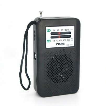 Rádio portátil AM/FM com alto-falante, alimentado por bateria, com sintonizador manual, entrada para fone de ouvido, alto-falante integrado, antena ajustável, design durável e alça de pulso.