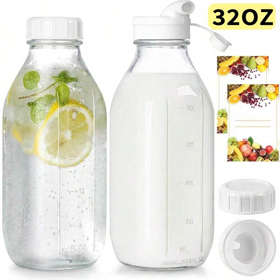 2/4-Piece Glass Baby Bottle Set With 2 Divided Lids, Sealed Heavy-Duty Screw-On Caps, 32OZ Reusable Glass Jar With 3 Lids! Breast Milk Storage Bottles, Suitable For Yogurt, Nut Milk, Juice, Syrup, Coffee Creamer, And More. - 2 CÁI - Xem 1