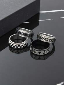 4pcs Fashionable Stainless Steel Men's Ring Set, Includes Star, Moon, Roman Numeral, Black & White Plaid Elements, Suitable For Men's Daily Wear, Festivals, Dates, Engagements, Weddings, Gift Jewelry