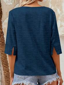 Women's V-Neck Half Sleeve T-Shirt, Loose Fit Casual Basic Top - 藏青色 - 查看 2