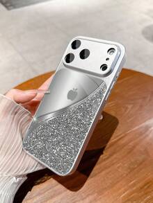 1个新款奢华时尚银色水钻拼接灰色苹果图案豪华大视野钢化玻璃镜头保护手机壳，兼容 17/17Pro/17ProMax/17Air/16/16Pro/16ProMax/16Plus/15/15Plus/15Pro/15ProMax/14/14Plus/14Pro/14ProMax/13/13Pro/13ProMax/12/12Pro/12ProMax/11/11ProMax，磨砂防摔，金属漆全覆盖高端保护壳