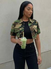 Áo khoác denim tay ngắn họa tiết rằn ri bất đối xứng dành cho nữ - xanh quân đội - Xem 2