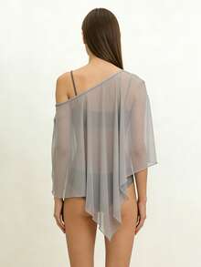 Women Sheer Tops, Solid Irregular Cover-up Loose Summer Clubwear for Street Party - Gris - Ver 2