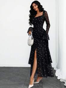 女士优雅、性感、现代、浪漫法式方领长袖连衣裙，Y2K风格，波点蝴蝶结印花，浪漫荷叶边，双层印花面料连衣裙，黑色，适合度假和春季穿着 - 黑色 - 查看 6