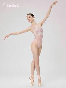 DonsGirl Women's Ballet Leotard - Sexy Printed Mesh Ruffle V-Neck Spaghetti Strap, French Elegant Romantic Bodysuit | Full Lining And Removable Pads - Baby Pink - View 11