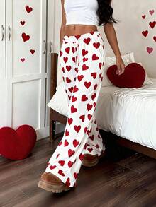 LOVE JOYY Women's Casual Red Heart Print Drawstring Pocket Wide Leg Pants, Perfect For Holidays, Street Style And Everyday Wear - Multicolor - View 8