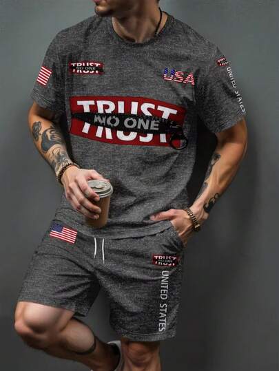 男士时尚印花短袖T恤短裤套装（2件套），抽绳短裤，可机洗