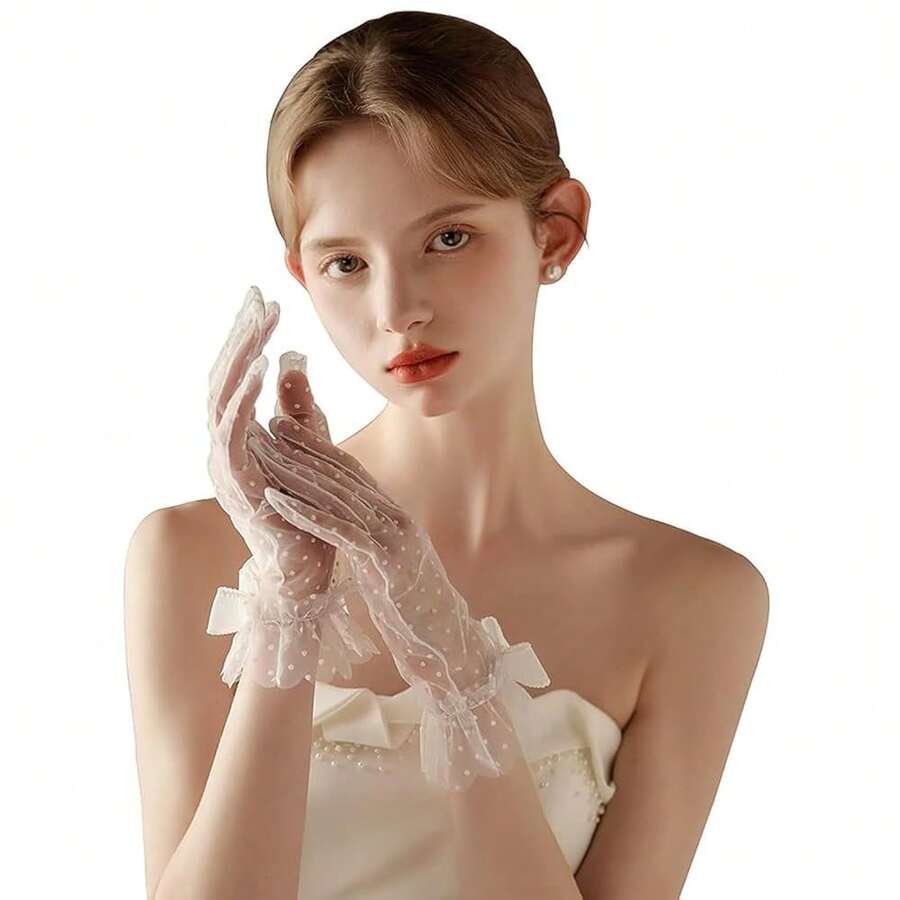 Short Lace Mesh Gloves Tulle Border With Pearls Wedding Opera Tea Party Gloves For Women Formal,OneSize,Ivory-2 - 象牙-2 - 查看 1