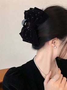 1 pieza Clip de pelo de mujer de terciopelo de unicolor con strass, gran lazo de doble capa, elegante y dulce para la escuela, fiesta, baile y uso diario, accesorio de moda para el cabello de mujer, elegante pinza para el cabello - Negro - Ver 3