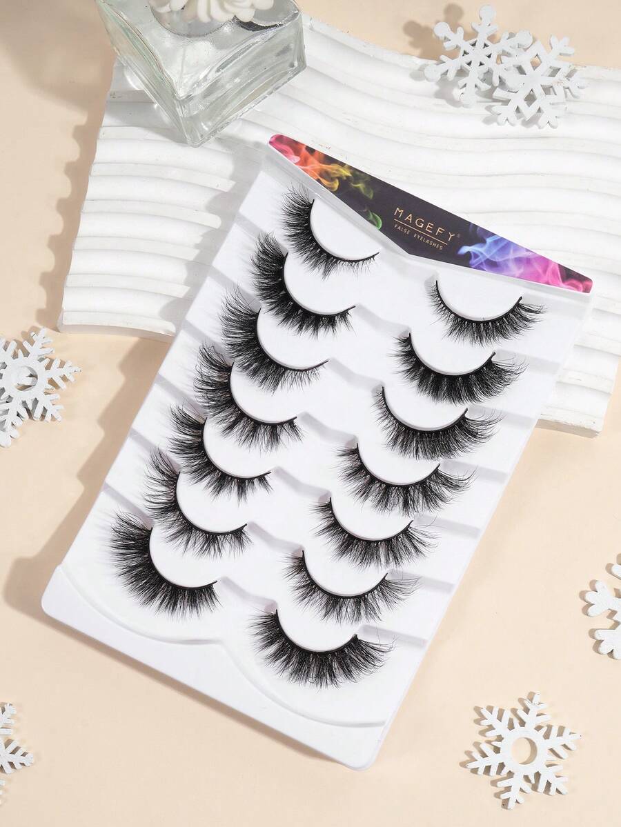 MAANGE 7 Pairs Of Natural Mixed Styles Full Strips False Eyelashes, Thick Curling Fluffy Eyelashes For Party Use Manga Eyelashes, Cat Eye Travel Essentials - 黑色 - 查看 1