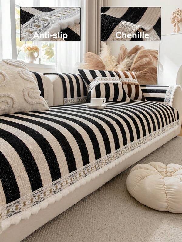 1 st. tofsad chenille sofföverdrag i engelsk stil, halkfri, djurvänlig, smutsavvisande, hållbar, lämplig för alla årstider, maskintvättbar, juldekoration, heminredning, soffarmstödsöverdrag för 1/2/3/4-sits L-formad soffa