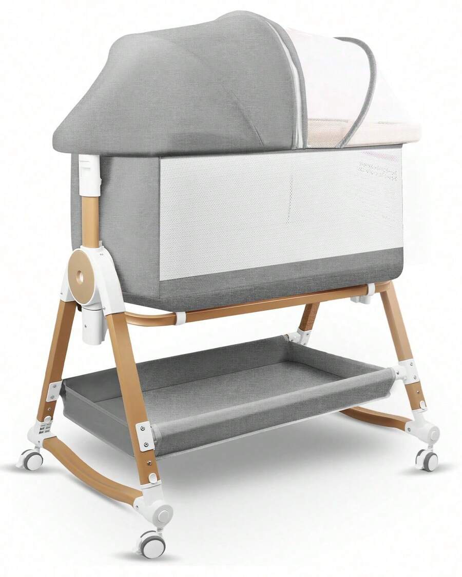 4 In 1 Baby Bassinet Bedside Sleeper (Cradle, Bedside Crib, Baby Bassinet With Wheels, Baby Crib With Mosquito Net) W/ Adjustable 7 Heights & Storage Basket, Breathable Mesh Rocking Bassinet For Newborn Infant Toddler, Gray - 灰色 - 查看 1