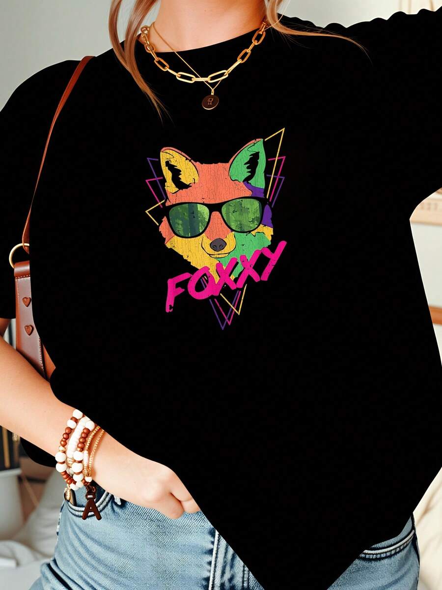 Foxy Fox With Sunglasses And Rainbow Colors Graphic Print Crew Neck T Shirt For Casual Wear Women And Girls 220g - màu đen - Xem 1
