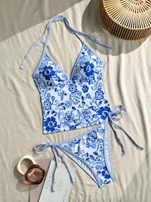 2pcs/Set Floral Print Patchwork Bohemian Tie-Front Bikini Top And Triangle Bottoms Vacation Beach Summer - Multicolor - View 2