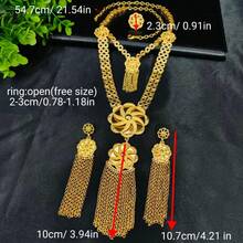 1pc Necklace, 1 Pair Earrings, 1pc Ring Hollow Carved Copper Alloy Jewelry Set, Gold Tassel Long Necklace, Hollow Floral Pattern 4-Piece Jewelry Set, Middle Eastern Dubai European & American Fashion Women Wedding Party Birthday Date Holiday Gift Bridal Accessories Necklace Earrings Ring - Yellow Gold - View 5