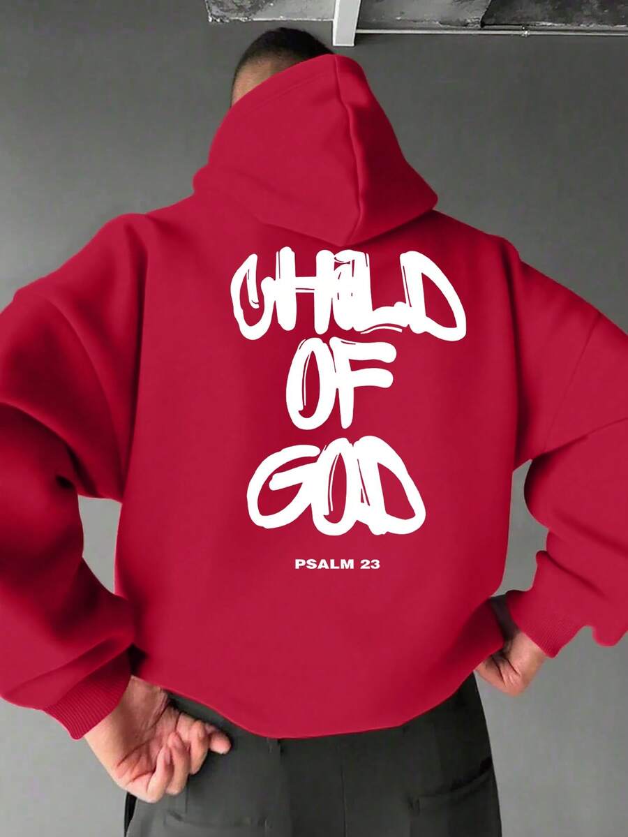 Men's Casual Fashionable Street Hoodie With Letter Print And Kangaroo Pocket, Drawstring, Autumn/Winter - Red - View 1