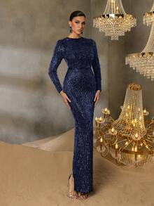 Faeriesty 优雅长袖礼服，亮片面料，修身剪裁，完美适用于节日派对、新年夜、盛大晚会等场合。 - 藏蓝色 - 查看 5