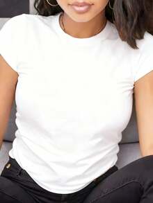 Women's Basic Solid Color Short Sleeve Crew Neck Pure Cotton T-Shirt, Slim Fit Casual Daily Top, Sizes S-XXXL, Soft Breathable Comfortable Tee, Lightweight Summer Fashion Essential, Easy To Match, Classic Style, High-Quality Cotton Fabric, Suitable For All Seasons,  Basic Top For Women - trắng - Xem 12