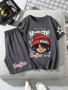 Youth Boy Cartoon Graphic Print Round Neck Short Sleeve T-Shirt And Shorts Set - Dark Grey - View 1