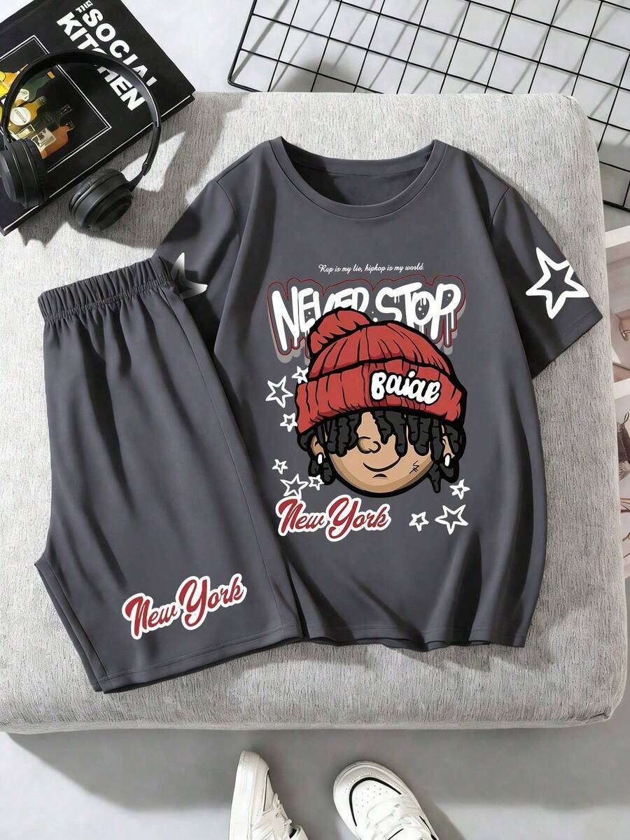 Youth Boy Cartoon Graphic Print Round Neck Short Sleeve T-Shirt And Shorts Set - Dark Grey - View 1