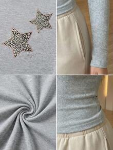 High Stretch,Slim Fit&Regular-Length,Women's Round Neck Long Sleeve Pullovers T-Shirt For Spring Summer,Clean Fit,Star&Leopard&Slogan Print,Holiday/School/Home/Daily/Street/Photoshoot/Dating/Party - Grey - View 5