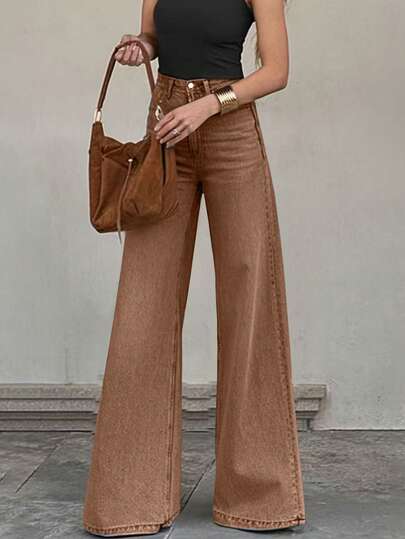 Jeans de pierna ancha elegantes de color marrón para mujer con bolsillos con botones y decoración con cremallera, casuales y versátiles, con un nivel medio de elasticidad para la primavera