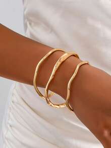 3pcs Minimalist Asymmetrical Geometric Metal Bangle Set - Yellow Gold - View 1