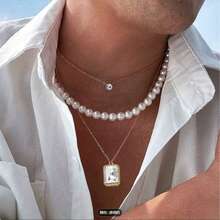 Set de 3 collares para hombre con colgante asimétrico de diamante 3D y perla falsa, accesorio de diseño minimalista de lujo - Conjunto de collar - Ver 6