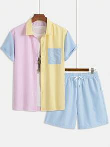 男士休闲条纹 Polo 领撞色短袖衬衫和短裤两件套，时尚百搭 - 粉色 - 查看 2