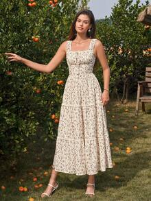 PARTHEA 夏季休闲碎花无袖连衣裙 - 杏色 - 查看 7