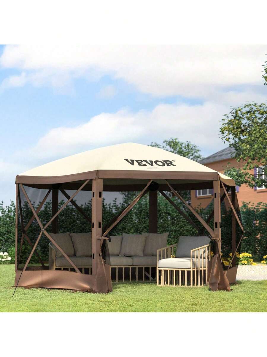 Gazebo Screen Tent, 12 X 12 Ft, 6 Sided Pop-Up Camping Canopy Shelter Tent With Mesh Windows, Portable Carry Bag, Ground Stakes, Large Shade Tents For Outdoor Camping, Lawn And Backyard - màu nâu - Xem 1