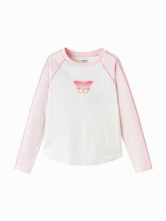 Camiseta de cuello redondo de manga larga para niñas, de algodón transpirable y fácil de combinar