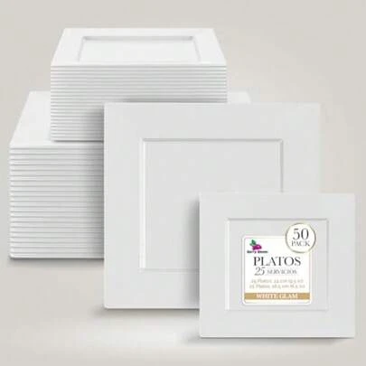 CYPN50 Platos Elegantes Reutilizables para Fiesta Vajilla de Platos Cuadrados Incluye 25 Platos Grandes 25 cm y 25 Platos medianos (16 cm)Fashion
