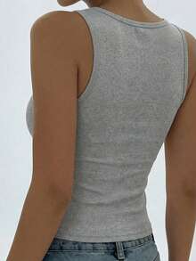 Women's Summer Solid Square Neck Ribbed Casual Versatile White Tank Top - Grey - View 5