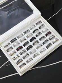 3/6/9/12/15/20 件时尚不锈钢深色风格男士戒指套装，包含铜币、蝙蝠、罗马数字、音符、星星和月亮、扭曲元素，适合日常佩戴、节日、订婚、婚礼、万圣节，款式和尺寸随机 - 黑色 - 查看 7