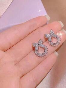 1 套/4 件优雅甜美蝴蝶结满钻耳环、项链、戒指套装情人节 - 銀色 - 查看 2