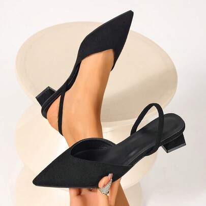 Women's Black Pointed Toe Mule Heels, Suede Slip-On High Heels