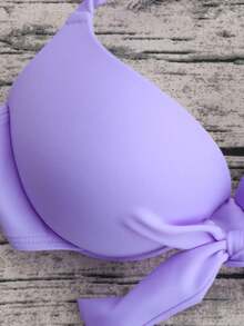 Conjunto de bikini de 3 piezas con sujetador con aros de unicolor, combinado con falda de malla con estampado tropical - Multicolor - Ver 4