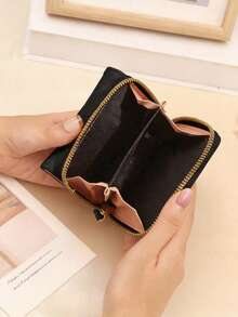 女士短款拉链三折刺绣时尚新款多卡位手拿包钱包适合日常使用返校礼物毕业礼物生日礼物女士礼物钱包迷你钱包钱包小钱包可爱钱包腕带钱包 - 黑色 - 查看 3