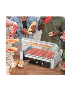 Hot Dog Roller 7 Rollers 18 Hot Dogs Capacity 1050W Stainless Sausage Grill Cooker Machine With Dual Temp Control Glass Hood Acrylic Cover Bun Warmer Shelf Removable Oil Drip Tray, ETL Certified - Silver - View 1