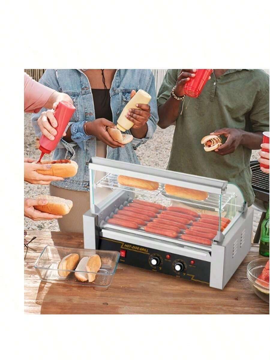 Hot Dog Roller 7 Rollers 18 Hot Dogs Capacity 1050W Stainless Sausage Grill Cooker Machine With Dual Temp Control Glass Hood Acrylic Cover Bun Warmer Shelf Removable Oil Drip Tray, ETL Certified - Silver - View 1