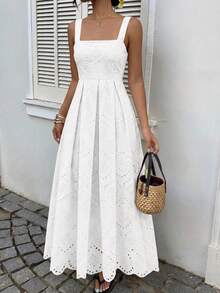 Womens Sleeveless Maxi Summer Dresses 2026 Hollow Out Eyelet Square Neck Ruffle Flowy Beach Vacation Sundress - White - View 1